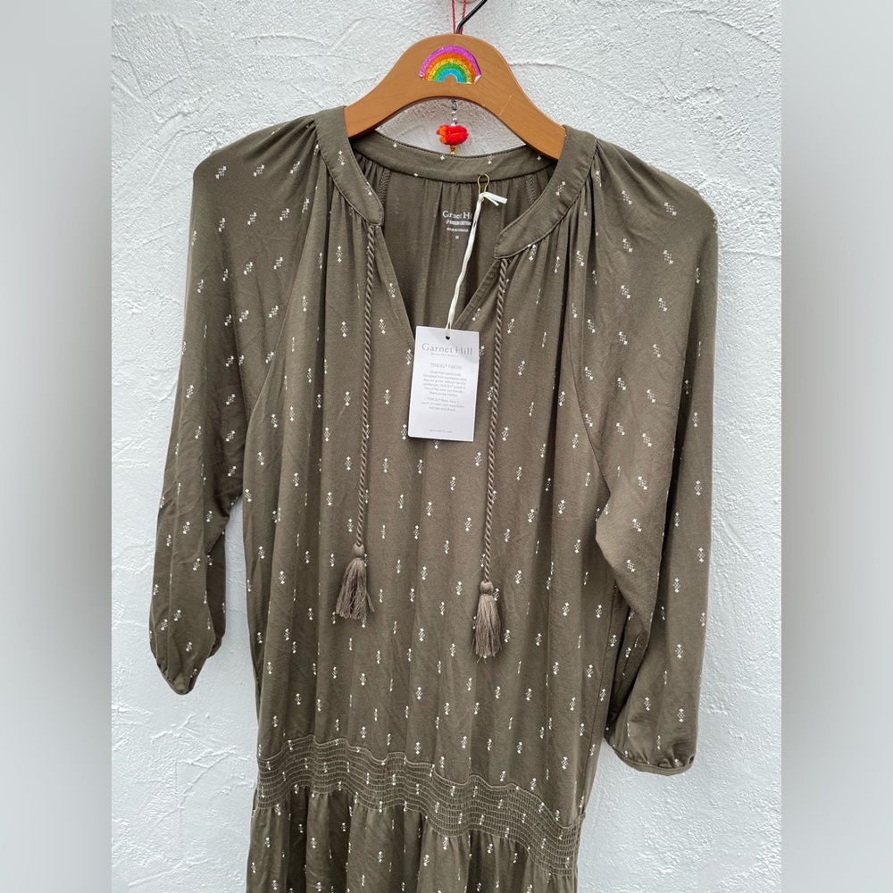 Garnet Hill NWT/Poet Knit Dress/Sage Green w/ Tassels/Smocked Drop Waist Medium